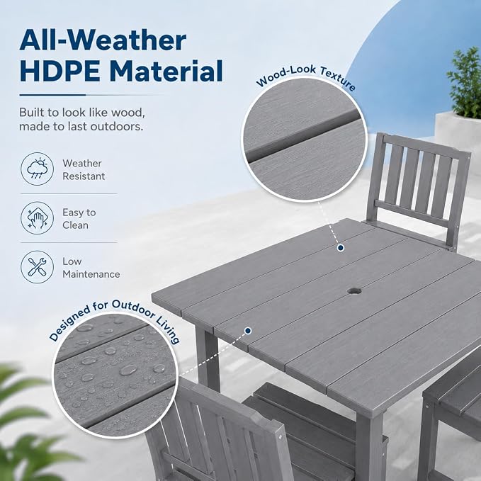 HDPE Outdoor Dining Set for 4, Square Table & Chairs Set | • All-Weather Polywood Composite • 410 lbs Heavy-Duty Support • Built-In 2" Umbrella Hole • Easy Soap-Water Wash