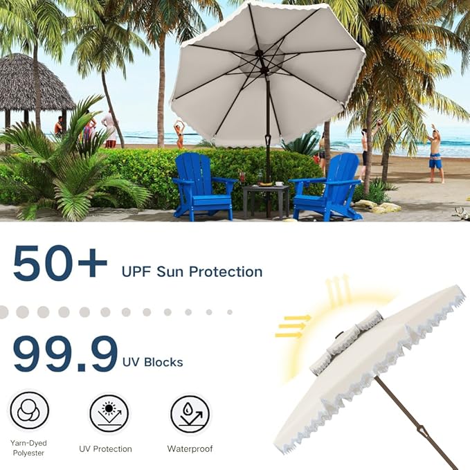 Patiokingdom 9FT Patio Umbrella with Fringe,Tassel Umbrella UPF 50+ & Push-Button Tilt,Rust-Resistant Fiberglass Frame for Pool,Garden,Backyard,Yard (Creamy-white)