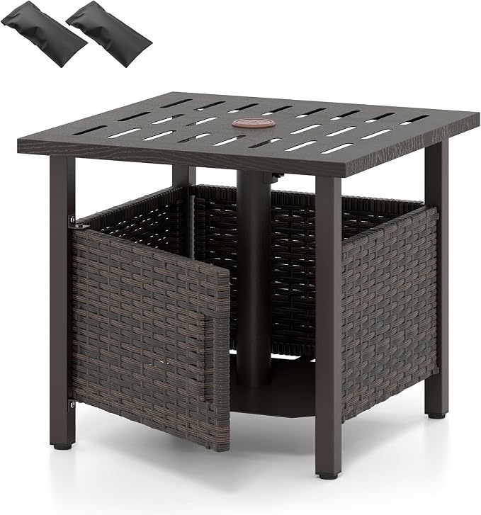 RELAX4LIFE Wicker Outdoor Side Table - Rattan Square Patio End Table with 1.93’’ Umbrella Hole, 2 Weighted Sand Bags & Rustproof Frame, Outside Umbrella Stand for Garden Deck Porch Poolside Backyard
