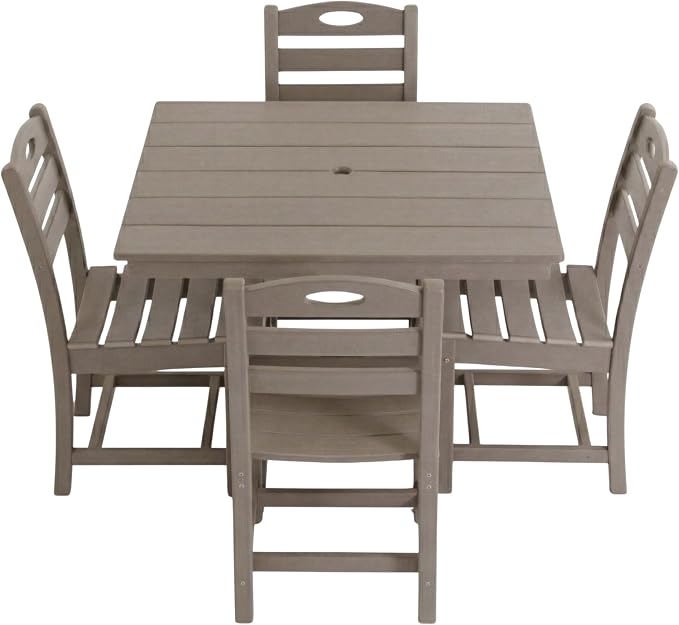 WILLIAMSPACE 37.8" Outdoor Patio Dining Set with 4 Armless Chairs, All Weather HDPE Square Dining Table with Umbrella Hole, Patio 5-Piece Bistro Set for Backyard, Balcony, Lawn, Kitchen (Brown)