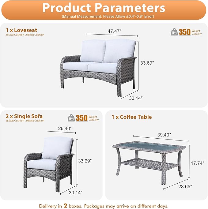 4 PCS Outdoor Patio Furniture Set with Glass Table, All-Weather Rattan Wicker Outdoor Conversation Set with Thickened Cushions for Balcony Backyard Garden Lawn,Grey
