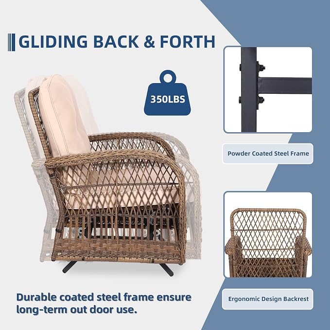 5-Piece Wicker Patio Furniture Sets Outdoor All-Weather Rattan Conversation Set Includes Glider Loveseat, 2 Glass-Top Coffee Tables, 2 Glider Rocker Chairs with Thickened Cushions