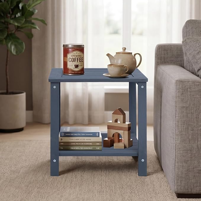 Solid Fir Wood Side Table with 2-Tier Storage, Weather-Resistant Outdoor Indoor End Table,Darkblue Rustic Color Night Stand