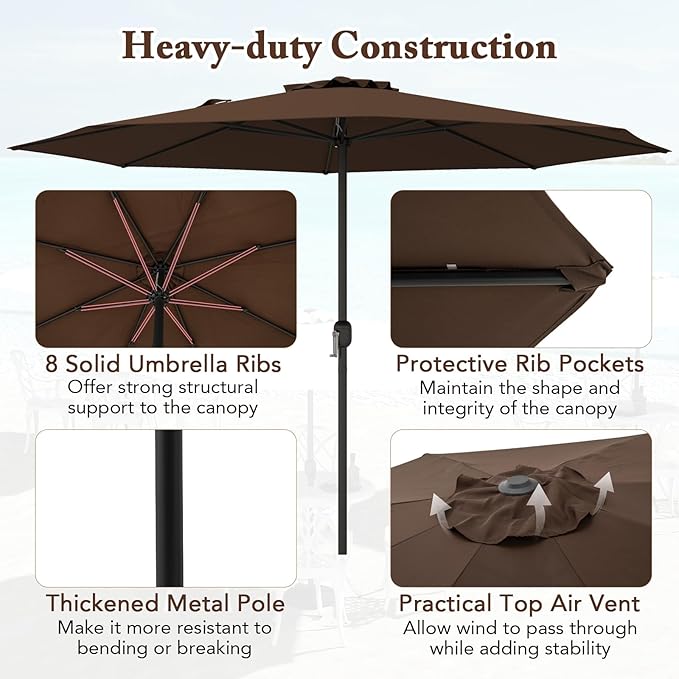 12FT Patio Umbrella, Outdoor Table Umbrella with Crank Handle, 8 Sturdy Ribs, Sun-protection & Waterproof Canopy, Top Air Vent, Market Umbrella for Garden, Lawn, Deck, Backyard, Poolside