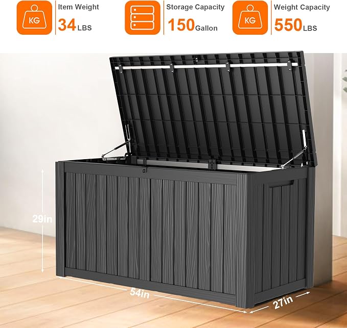 PatioZen 150 Gallon Resin Deck Box Outdoor Storage Box with Lockable Lid, Waterproof for Patio Cushions, Gardening Tools & Exercise Equipment