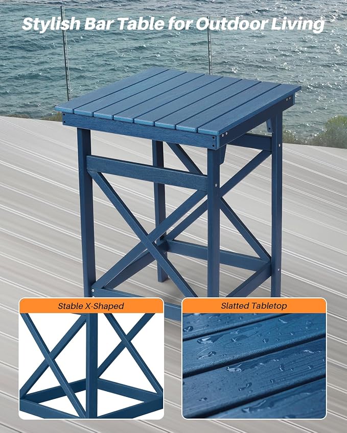 HDPE Outdoor Bar Table, 41" Adirondack Outdoor Bar Height Table, All Weather HDPE High Top Pub Table, Square HDPE Patio Bar Tables for Balcony, Deck, Backyard, Poolside, Navy