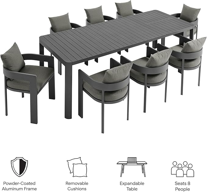 Modway Tahoe Aluminum 9-Piece Patio Dining Set in Gray Charcoal
