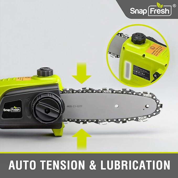 SnapFresh Brushless Cordless Pole Saw, 20V Lightweight Electric Tree Trimmer with 4.0Ah Battery & Fast Charger, 13 ft Reach,8” Cutting Bar, 3 Adjustable Angles, Auto-Oiling for Backyard Tree Trimming