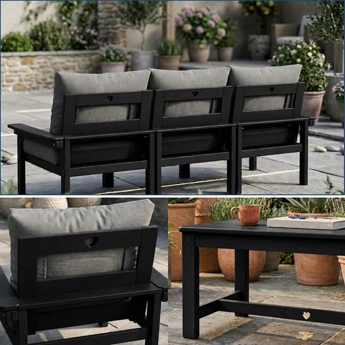 HDPE 10 Piece Outdoor Patio Furniture Set, All-Weather Outdoor Couch Set with Thick Cushions & Coffee Table, Patio Conversation Sets for Lawn, Garden, Porch, Balcony, Deck, Poolside, Black Grey