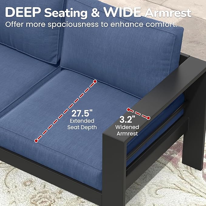 Patio Conversation Sets, Aluminum Outdoor Couch with Outdoor Coffee Table, All-Weather Metal Patio Couch with 5" Thick and Soft Cushion and Wide Arm, Outdoor Sofa Sets for Balcony, Porch, Dark Blue