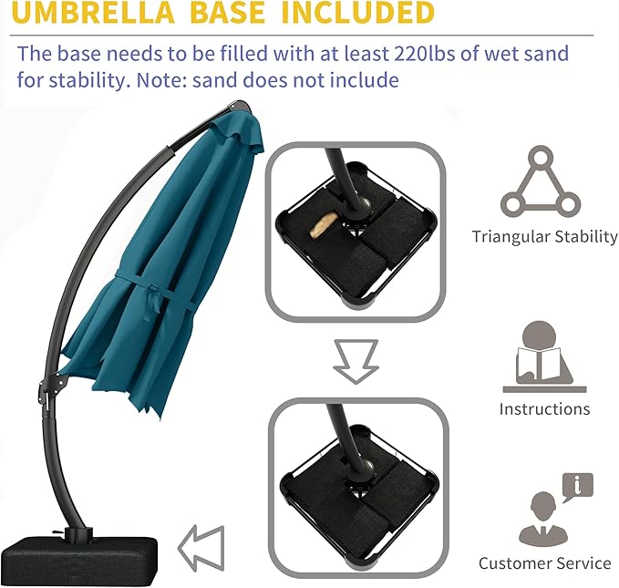 Kingdura 12ft Offset Cantilever Patio Umbrella with Base Included, Large Round Aluminum Outdoor Umbrella, 360° Rotation & Infinite Tilt, Heavy Duty Frame for Deck Pool Backyard, Lake Blue