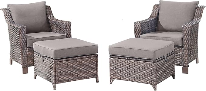 Outdoor Wicker Chair Patio Chairs-Rattan Wicker Chairs with Ottomans Patio Conversation Sets for Porch Garden Balcony Backyard Poolside-Brown/Grey