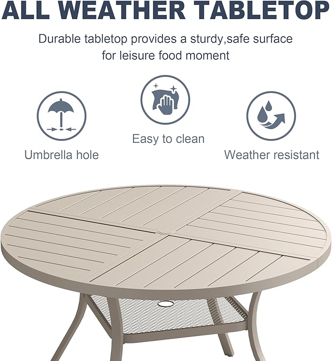 VICLLAX Patio 7 Pieces Outdoor Dining Set, 47.2" Round Metal Table with Umbrella Hole and Storage Shelf, 6 Swivel Textilene Chairs for Lawn, Garden, Porch, Sandshell
