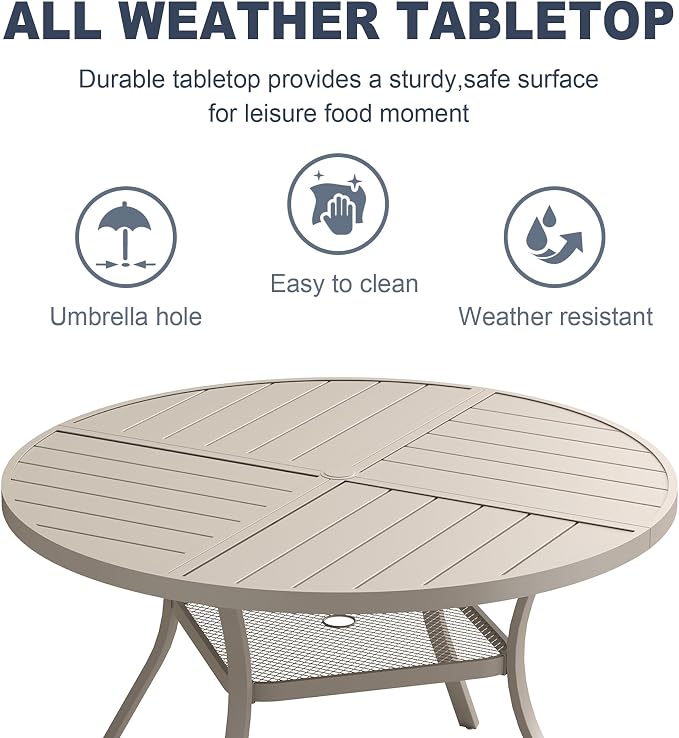 VICLLAX Patio 7 Pieces Outdoor Dining Set, 47.2" Round Metal Table with Umbrella Hole and Storage Shelf, 6 Swivel Textilene Chairs for Lawn, Garden, Porch, Sandshell