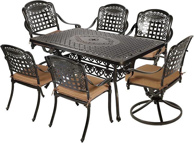 VIVIJASON 7-Piece Patio Furniture Dining Set, All-Weather Cast Aluminum Outdoor Conversation Set, Include 4 Stationary Chairs, 2 Swivel Dining Chairs and a Rectangle Table with 2" Umbrella Hole