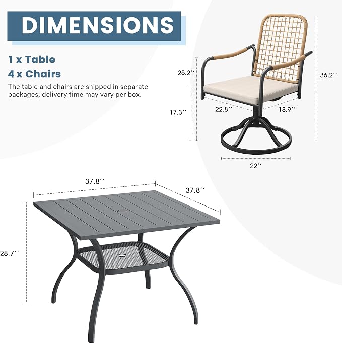 DIFY 5 Pieces Outdoor Dining Set, Metal Patio Table and Chairs Set for 4, 37.8" Square Dining Table with Umbrella Hole & Wicker Swivel Patio Chairs with Cushions, Grey Tabletop
