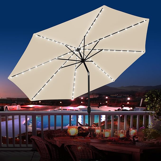 Sundale Outdoor Solar 88 LED 10 ft Patio Umbrella with Sand Bag Umbrella Base, Outdoor Umbrella with Tilt and Crank, Beige
