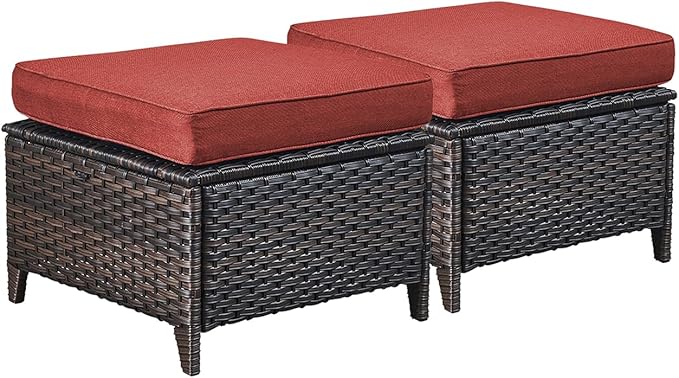 Rilyson Outdoor Ottoman Wicker Patio Ottomans - 2 Piece Footrest Footstools Set Rattan Outdoor Ottomans for Patio with Thick Cushions(Brown/Red)