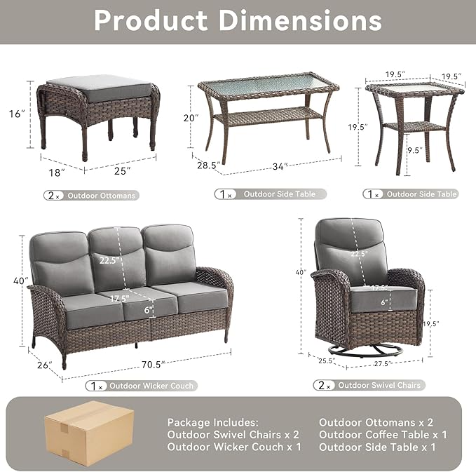 Luxury Outdoor Patio Furniture Set with 6-Inch Thick Cushions, 7 Pieces Wicker Outdoor Furniture with High Back Swivel Patio Chairs Set of 2, Outdoor Conversation Set for Deck Garden Porch, Gray