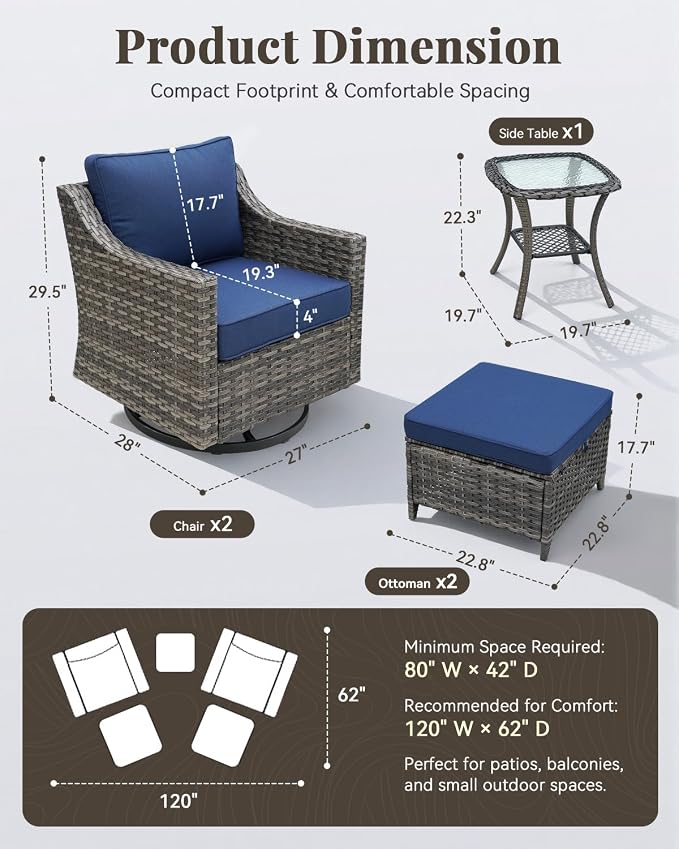 Patio Furniture Set 5 Pieces Luxury Outdoor Swivel Rocker Chairs and Ottomans, Easy Assembly Conversation Set for Porch Deck Balcony Yard in Gray Wicker and Blue Cushions