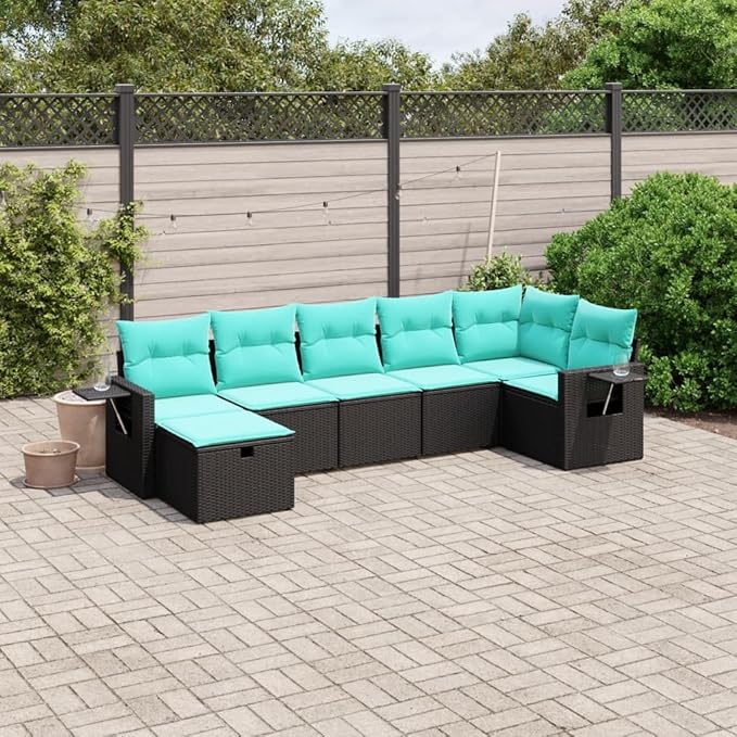 7 Piece Patio Sofa Set with Cushions, Patio Conversation Set Porch Furniture Set Sectional Sofa Outdoor Sofa Sets for Piazza Exhibition Poolside Negotiation Area Black Poly Rattan