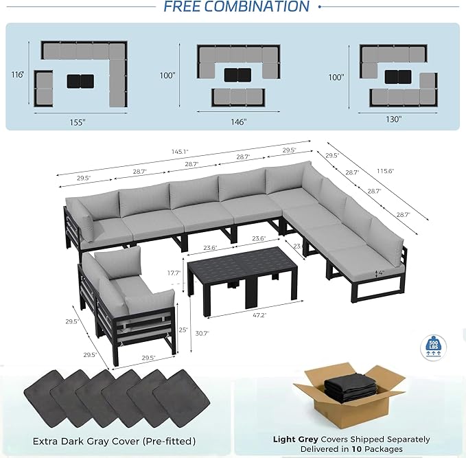 NICESOUL Large Luxury Aluminum Outdoor Sectional Sofa with Side Table, Weather Resistant Modular Patio Furniture Set for 10 People, 500 lbs Heavy Duty Conversation Couch for Poolside Lawn, Light Grey