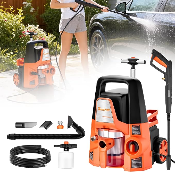 This Hill 4-in-1 Pressure Washer and Wet/Dry Vacuum, 2800 PSI Max 1.7 GPM Electric Power Washer, 1400W Multi-Function Cleaner with Blower and Foam Cannon for Cars, Patio, Garage and Home Cleaning