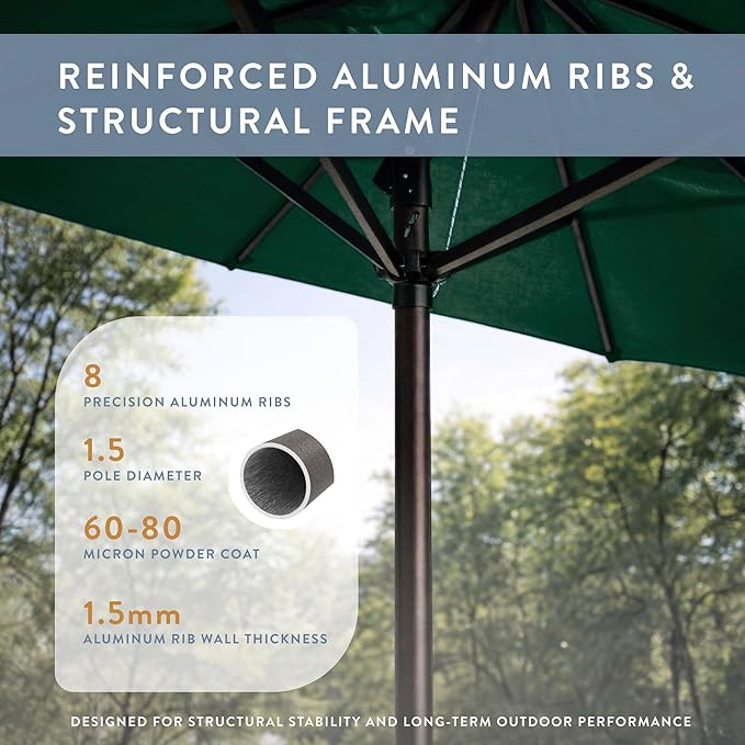 California Umbrella 12-Year Protection 9-Ft Outdoor Patio Umbrella, Sunbrella Fade-Resistant Fabric, Auto-Tilt, Heavy Duty Aluminum Frame, 8 Reinforced Ribs for Pool or Deck, Bronze Pole, Forest Green