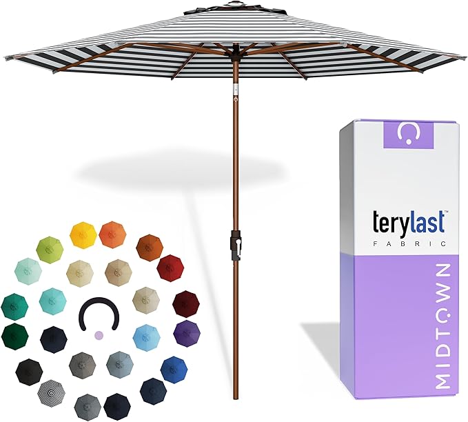 Midtown Umbrellas Wooden 2-8 Ft Patio Umbrella with 360° Swivel & Tilt Mechanism, 8 Fiberglass Ribs & Terylast Polyester Fabric for Deck, Pool, Garden & Porch - Zebra Canopy, Wooden Pole