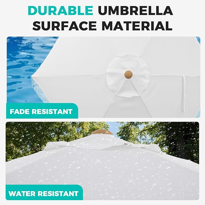 7.5ft Fringe Umbrella,Outdoor Market Umbrella with Push Button Tilt and Crack for Garden, Pool, Deck, Bistro,White