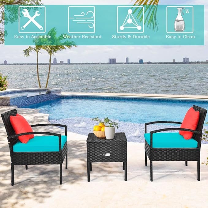 Tangkula 3 Pieces Patio Wicker Conversation Set, Outdoor Rattan Furniture with Washable Thick Cushion & Coffee Table w/Storage Space, Patio Furniture Set for Backyard Porch Garden Poolside (Turquoise)