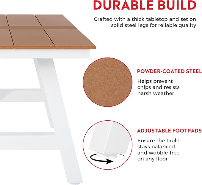 Costaelm Stinson 7-Piece Outdoor HDPE Patio Dining Table Set with Umbrella Hole & Dining Chairs for 6, Teak