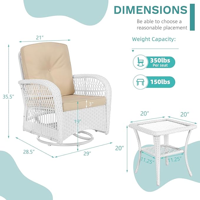MEETWARM 3 Pieces Outdoor Wicker Swivel Rocker Patio Set, Rocking Chairs Rattan Patio Furniture Sets with Thickened Cushion and Glass-Top Coffee Table, Conversation Bistro Set, White/Beige