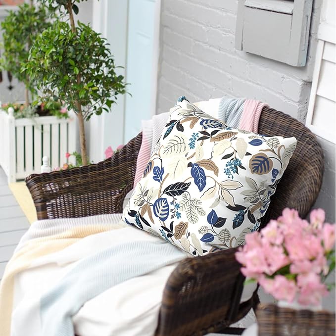 Outdoor Pillow Covers for Patio Furniture 20x20 Inch, Decorative Patio Throw Pillow Covers Set of 2, Modern Square Cushion Cases for Porch Garden Home Office, Breeze Leaves Beige