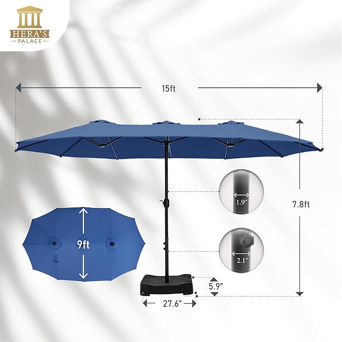 HERA'S PALACE Umbrella Patio Outdoor with Base 15ft Table Double Market Rectangle Umbrellas Clearance Large Included Stand for Deck Outside Pool Picnic Inground Yard Commercial, Haze Blue