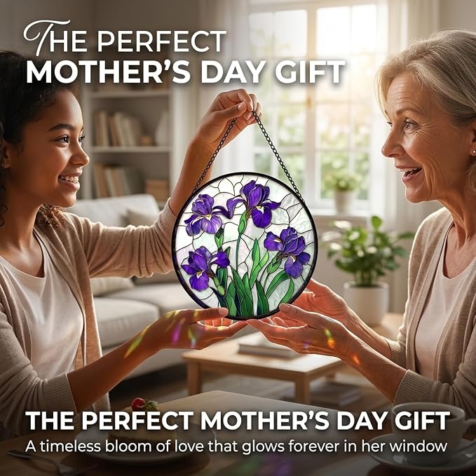 Birthday Gifts for Women - Purple Iris Faux Stained Glass Window Hanging Sun Catcher for Door Garden Acrylic Flower Decor Mother's Day Christmas for Mom Nana Friend Grandma Wife 9.8"