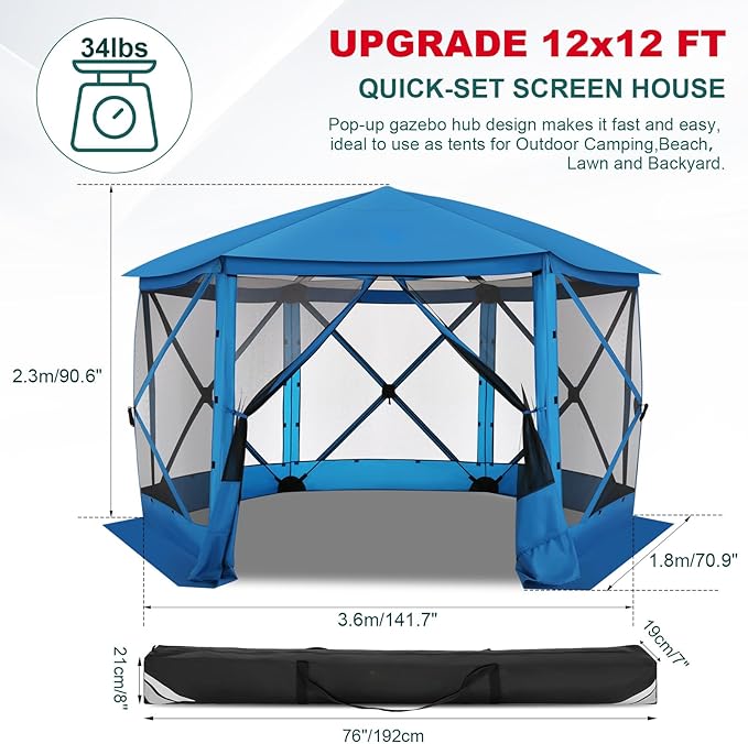 COBIZI 12x12 FT Pop Up Canopy Stargazing Tent, Gazebos On Clearance with Removable Roof, Screened in Gazebo, Screen Tents Portable carpas para Patio for Outdoor Camping,Backyard, Garden, Blue(Pro)