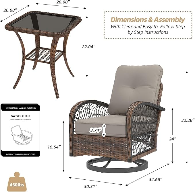 EROMMY 3 Pieces Patio Furniture Set, Outdoor Swivel Rocker Patio Chairs, Wicker Patio Bistro Set with Rocking Chair, Thickened Cushions and Glass Coffee Table for Backyard, Garden, Grey