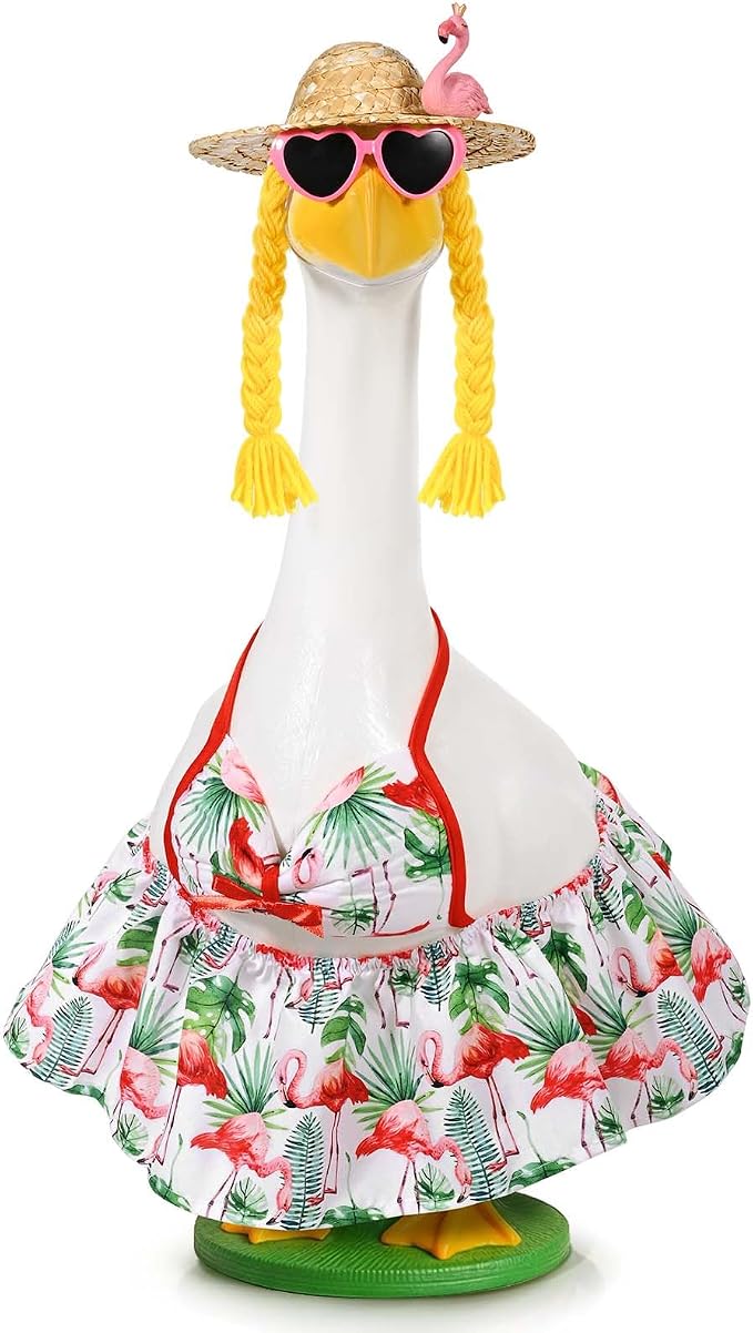 JcHrmers Bikini Goose Outfit Summer Flamingo Porch Goose Outfits Hawaiian Lawn Goose Clothes Fits 23" Cement Plastic Goose Statue for Summer Outdoor Garden Yard Patio Art Decor