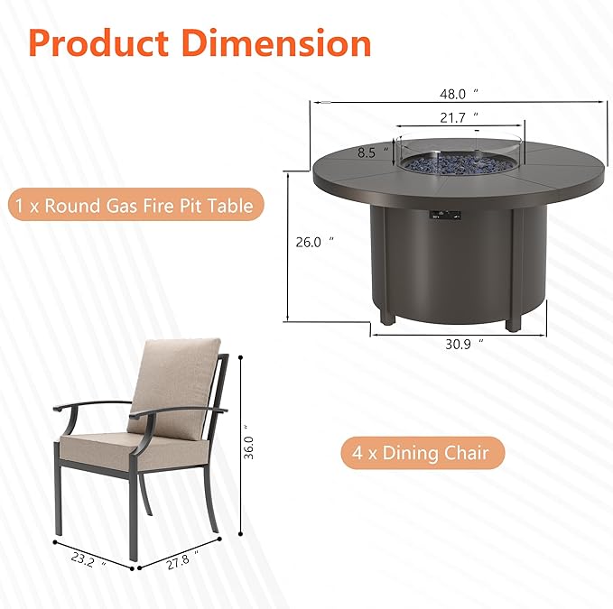 5 Pieces Outdoor Patio Furniture Set with 48" Round Propane Fire Pit Table,Patio Dining Set Outdoor Conversation Sets 4 Chairs for Deck,Backyard and Garden,Brown