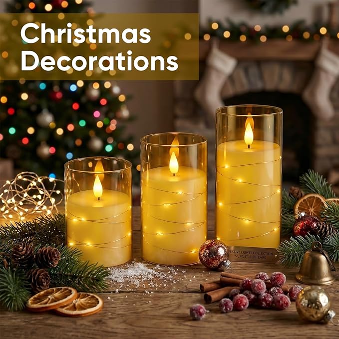 Amagic Flameless Candles, Flickering Battery Operated Candles Embedded Fairy String Light, Realistic Pillar Candle with Remote Control and Timer, Acrylic Amber Gold, Set of 6, D3 x H4 5" 6"