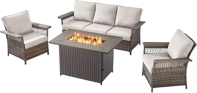 Patio Furniture Set with Fire Pit Table, 4PCS Conversation Set Brown Resin Wicker Chair and Sofa with 41in Rectangular Firepit Table PE Rattan Furniture Set