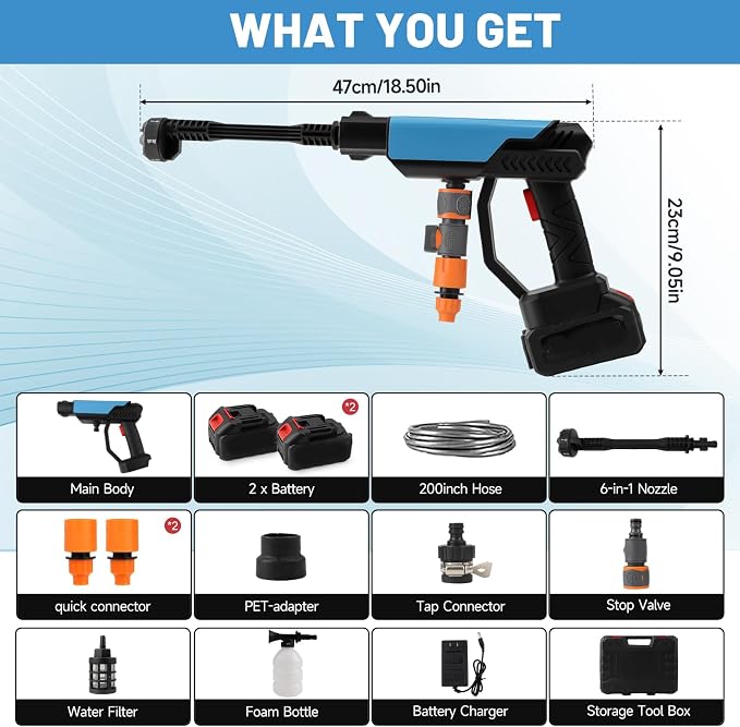 Cordless Car Cleaner Machine,Portable Cleaning Kit with 6-in-1 Nozzle,Foam Cannon,16.4FT Hose,Handheld Water Spray Gun for Wall, Fence, Floor, Yard, Garden Cleaning