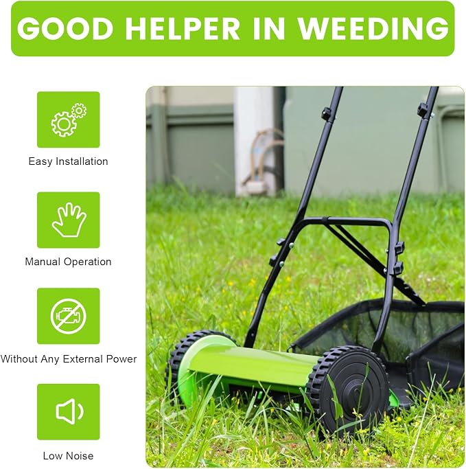 Reel Lawn Sweeper, 12-Inch 5-Blades Manual Push Lawn Mower with 6 Gallons No Motor, 0.47-1.77 in Adjustable Cutting Height Walk-Behind Lawn Mowers for Yard, Garden, Sidewalks, driveways