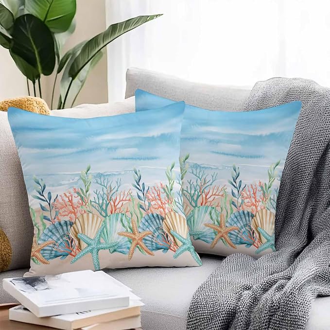 Throw Pillow Covers 26x26 Inch Set of 2, Summer Nautical Waterproof Outdoor Pillow Covers, Coastal Beach Starfish Coral Shell Blue Decorative Cushion Pillowcases for Couch, Sofa, Bed, Garden, Patio