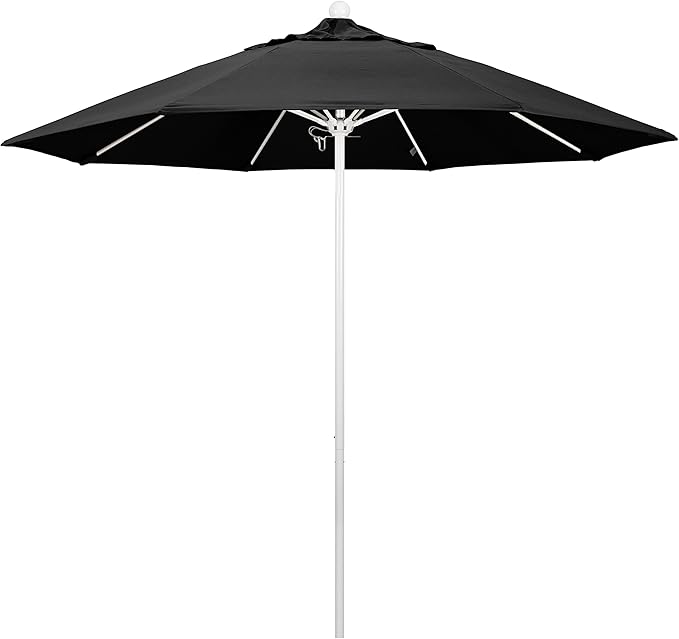 California Umbrella 9' Round Aluminum/Fiberglass Umbrella, Push Open, White Pole, Olefin Black Fabric
