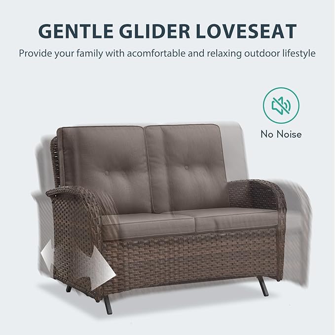 5 Piece Patio Furniture Set - Wicker Patio Conversation Set with Swivel Glider, Glider Loveseat, Tempered Glass Side Table and Coffee Table for Deck Backyard - Brown Wicker Grey Cushion