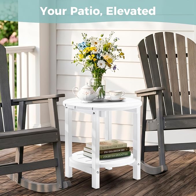 Outdoor Side Table, Adirondack Round 2-Tier Patio Table, Easy Maintenance & Weather Resistant, HDPE End Table for Backyard, Pool, Patio, Porch, White