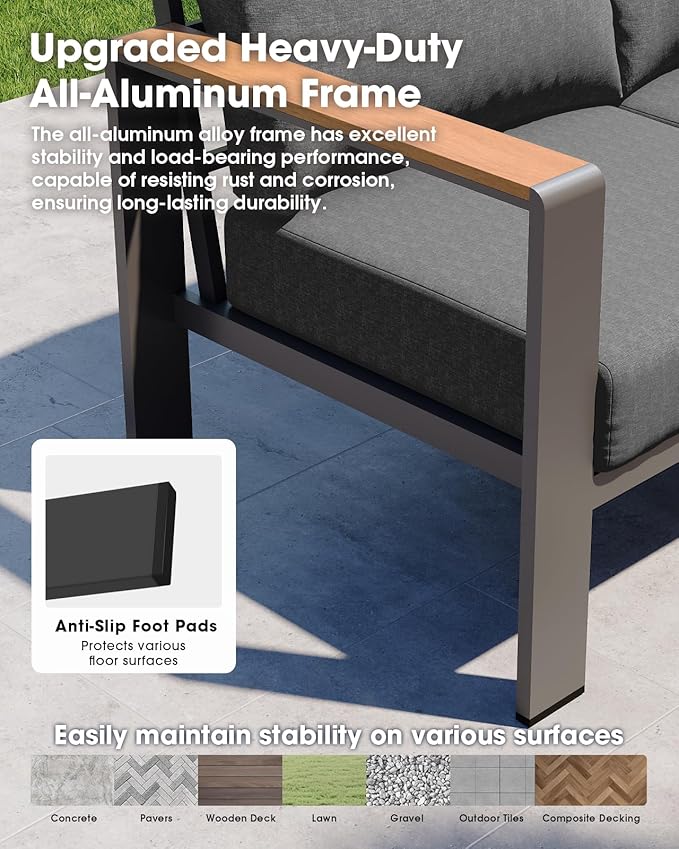 Aluminum Outdoor Patio Furniture Set, 11 Seats Patio Conversation Sets, Oversized Outdoor Sectional with Washable Thick Cushions & Coffee Table for Backyard, Garden and Poolside, Graphite