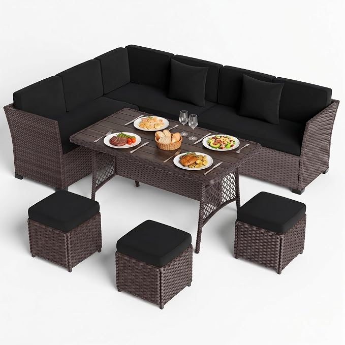 LOUVIXA 7 Pieces Patio Furniture Set, Outdoor Patio Furniture, Wicker Conversation Set with Dining Table, Chairs and Ottoman